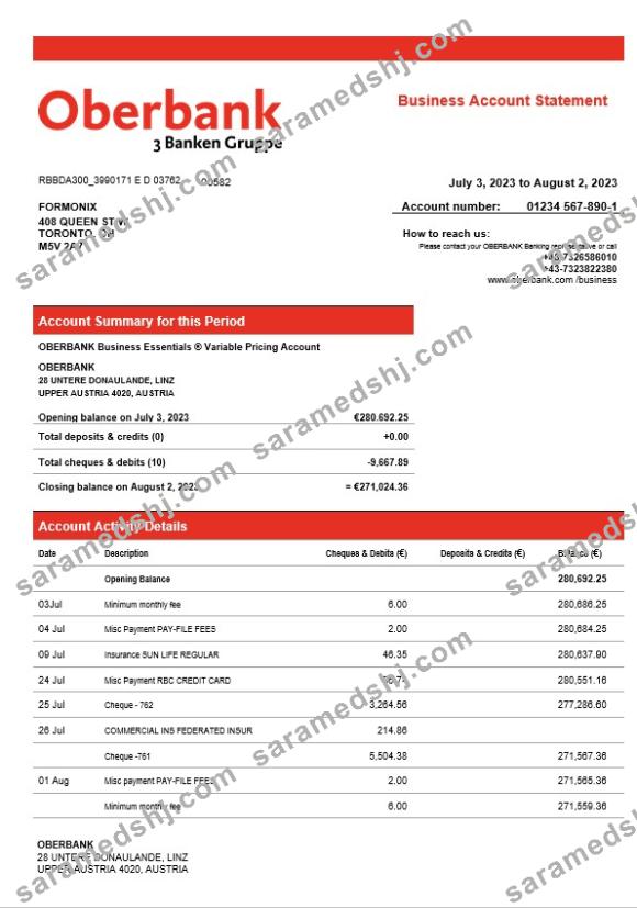 Oberbank company checking account statement Word and PDF template